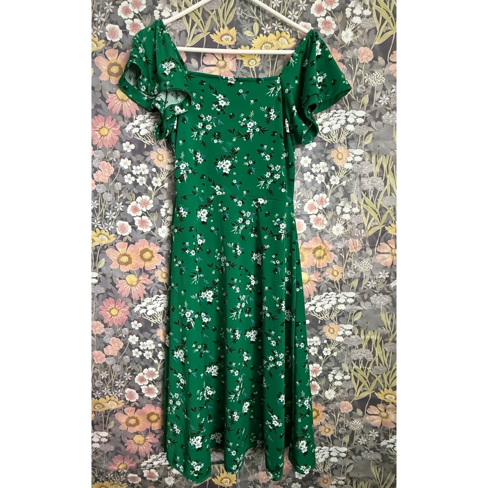 Banana Republic Green Floral Square Neck Flutter Sleeve Midi Dress Size M - Picture 9 of 9